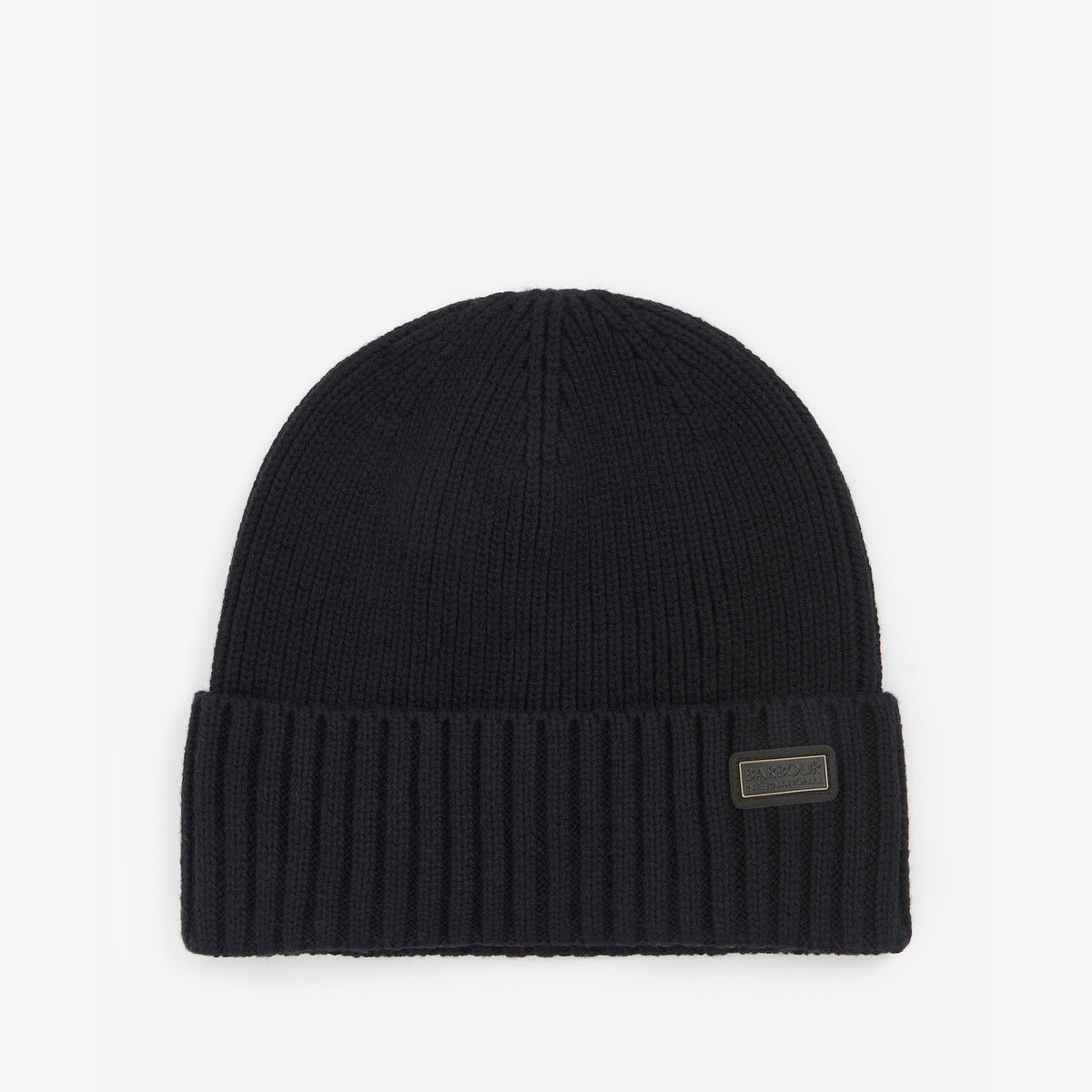 Barbour CHESTER Mens Beanie Black front view showing rib-knit design and logo-embossed leather badge.
