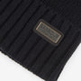 Barbour CHESTER Mens Beanie Black detail view showing rib-knit design and logo-embossed leather badge.
