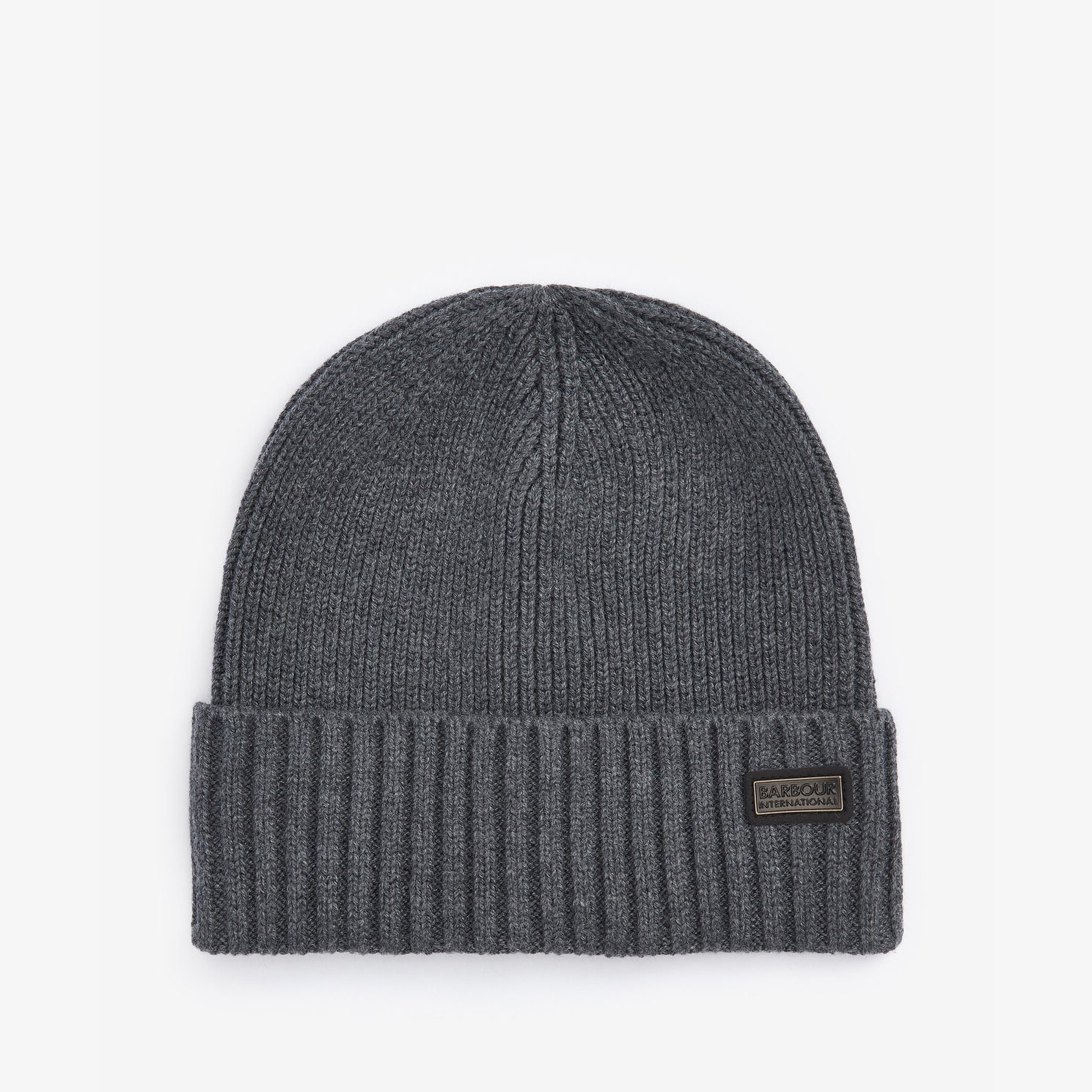 Barbour CHESTER Mens Beanie Charcoal Grey top view showcasing rib-knit design and logo-embossed leather badge.
