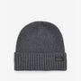 Barbour CHESTER Mens Beanie Charcoal Grey top view showcasing rib-knit design and logo-embossed leather badge.
