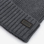 Barbour CHESTER Mens Beanie Charcoal Grey detail view showing rib-knit design and logo-embossed leather badge.