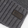 Barbour CHESTER Mens Beanie Charcoal Grey detail view featuring rib-knit design and logo-embossed leather badge.