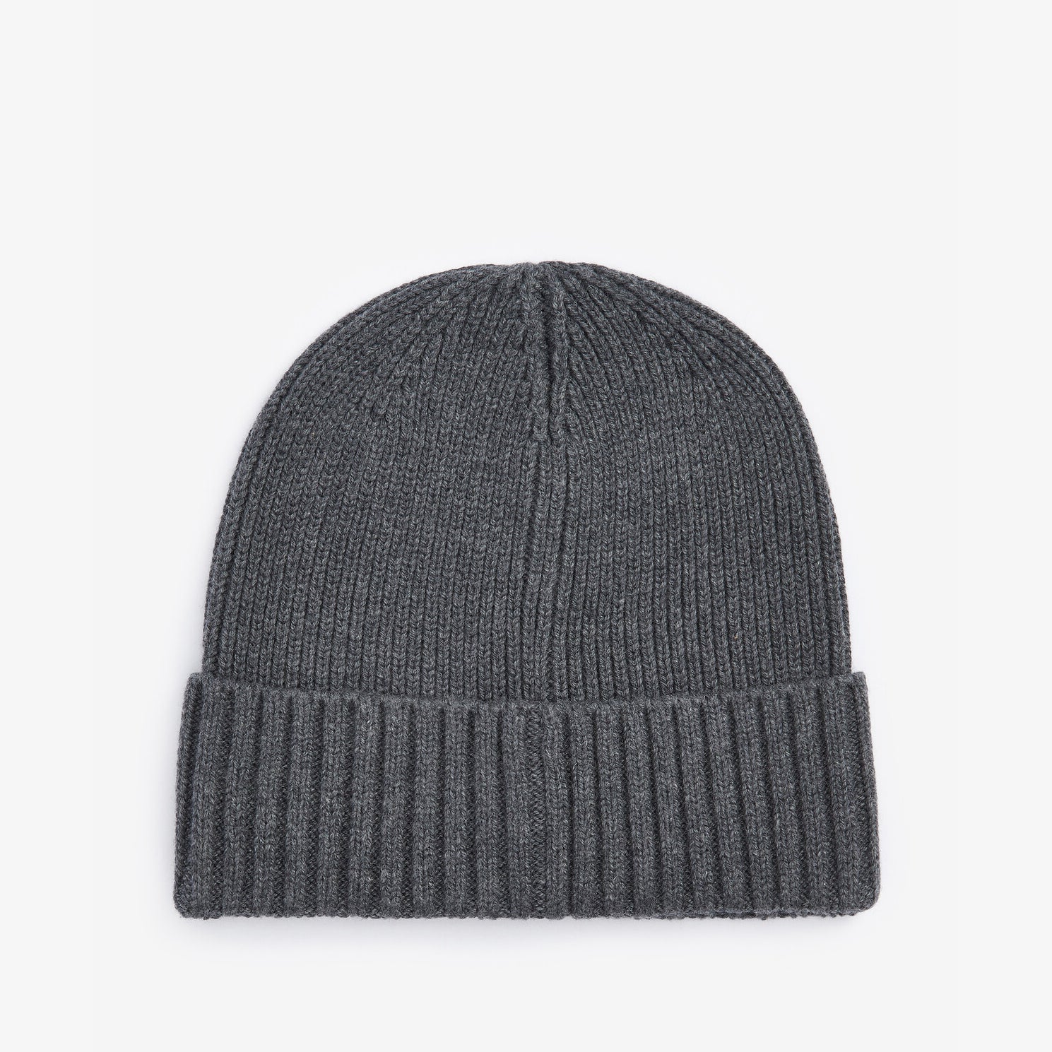 Barbour CHESTER Mens Beanie Charcoal Grey, top view, rib-knit design with turnup hem, logo-embossed leather badge.