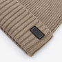 Barbour CHESTER Mens Beanie Brindle close-up detail view showcasing rib-knit design and logo-embossed leather badge.