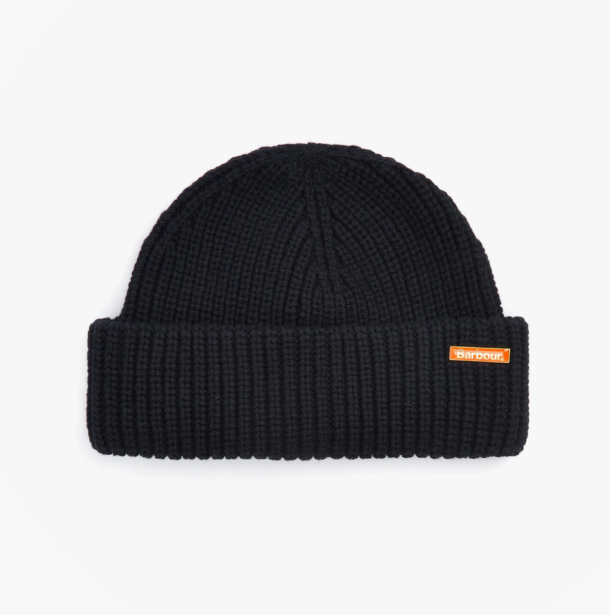 Barbour MOSELY Mens Fisherman Beanie Black top view showcasing ribbed texture and logo detail.