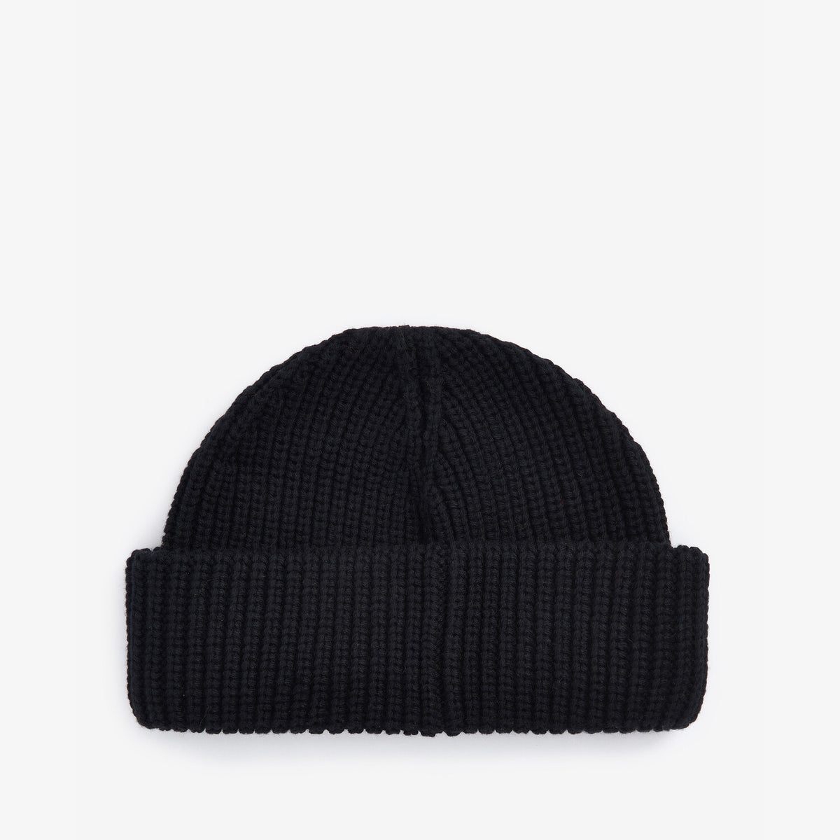 Barbour MOSELY Mens Fisherman Beanie Black front view, black knitted beanie with a folded cuff.