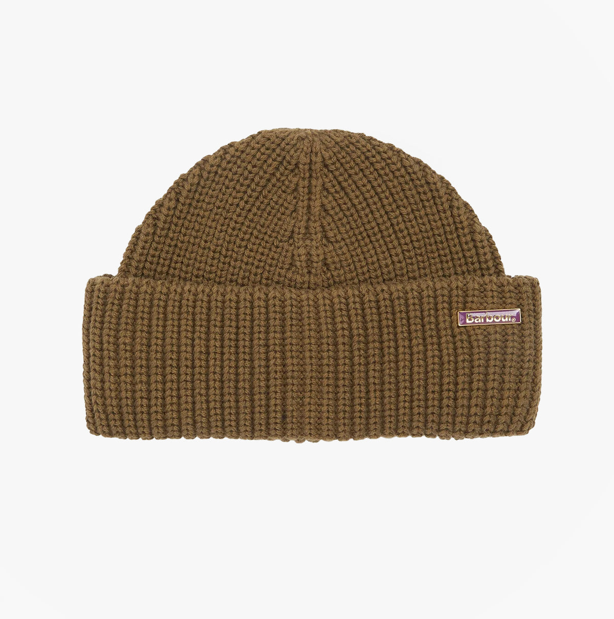 Barbour MOSELY Mens Fisherman Beanie Light Sage front view showcasing the textured knit and logo detail.