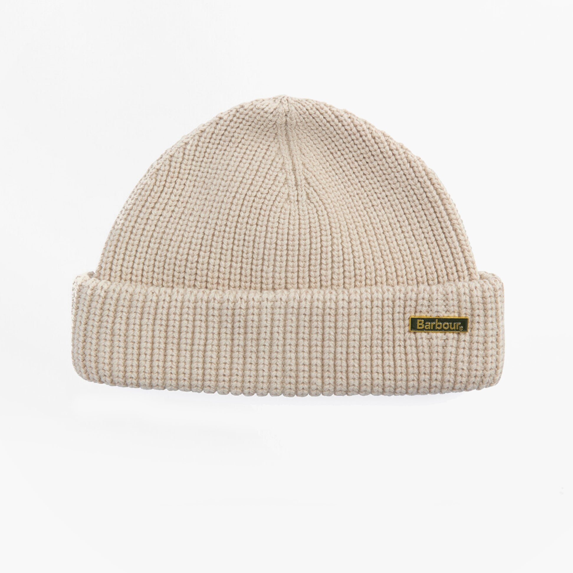 Barbour MOSELY Mens Beanie Mist front view showing beige knit texture and foldable cuff with logo.