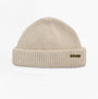 Barbour MOSELY Mens Beanie Mist front view showing beige knit texture and foldable cuff with logo.
