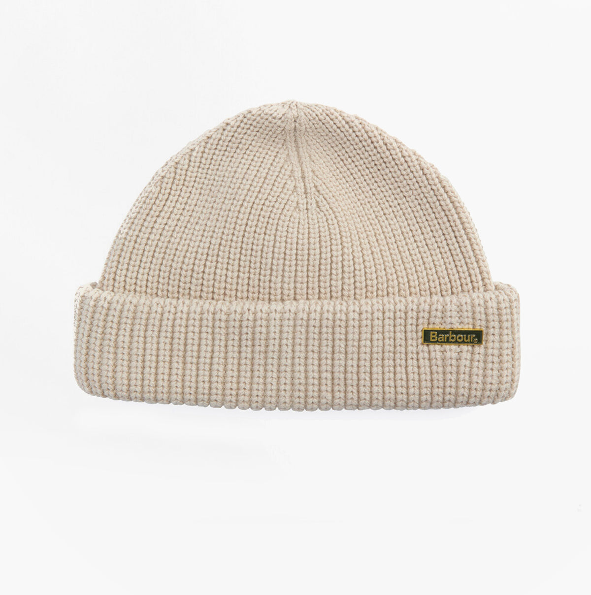 Barbour MOSELY Mens Beanie Mist front view showing beige knit texture and foldable cuff with logo.