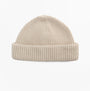 Barbour MOSELY Mens Beanie Mist front view, featuring a beige knitted design with a ribbed fold.