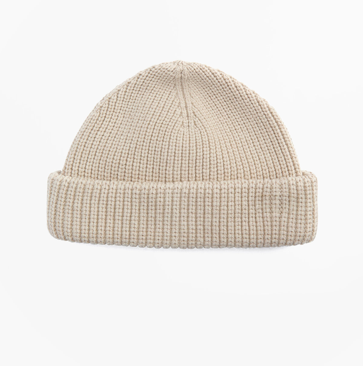 Barbour MOSELY Mens Beanie Mist front view, featuring a beige knitted design with a ribbed fold.