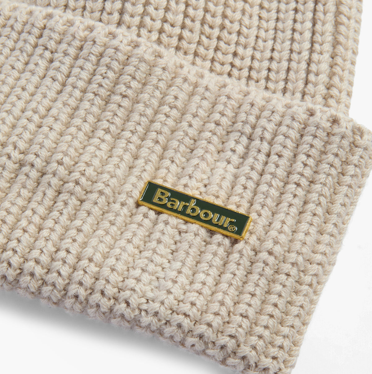 Barbour MOSELY Mens Beanie Mist detail view showing textured knit and logo badge.