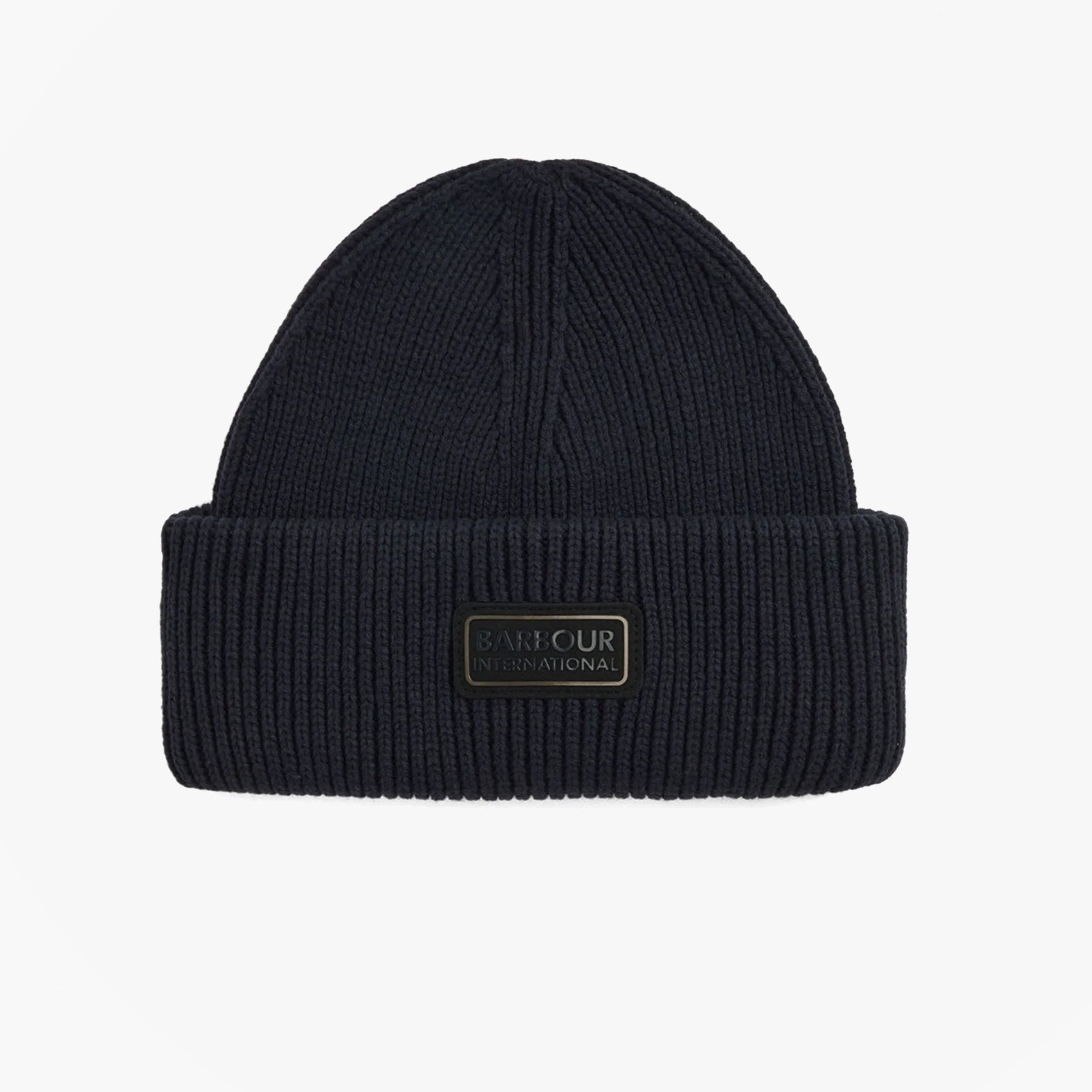 Barbour CRAYWELL Mens Beanie Navy front view showing ribbed knit design and logo.