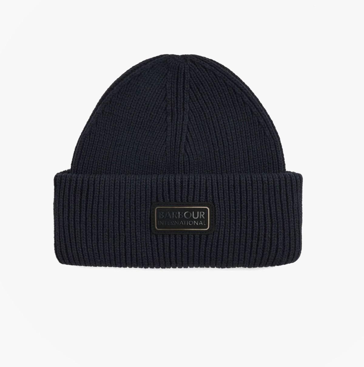 Barbour CRAYWELL Mens Beanie Navy front view showing ribbed knit design and logo.