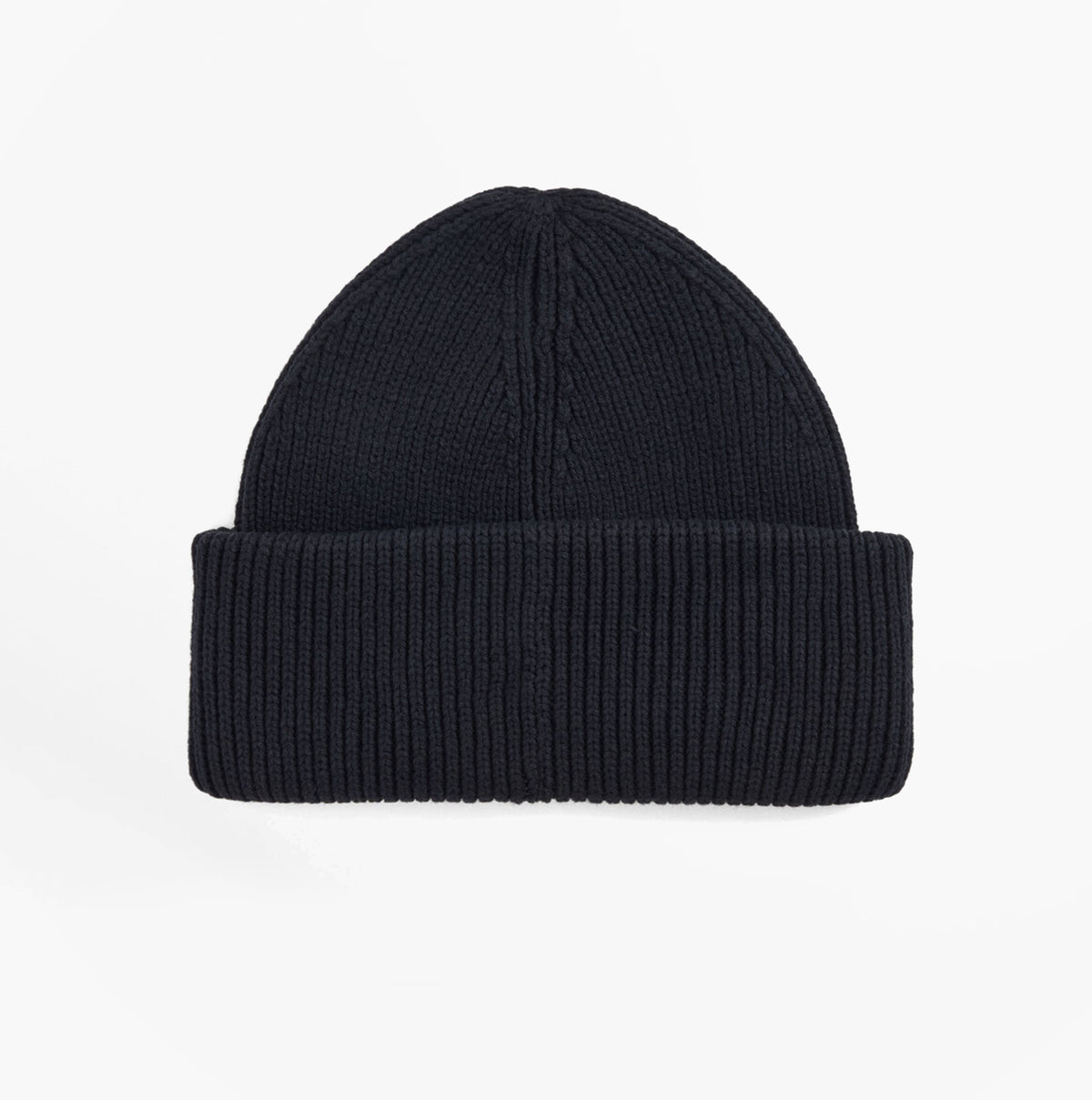Barbour CRAYWELL Mens Beanie Navy top view showcasing ribbed knit design and folded brim.