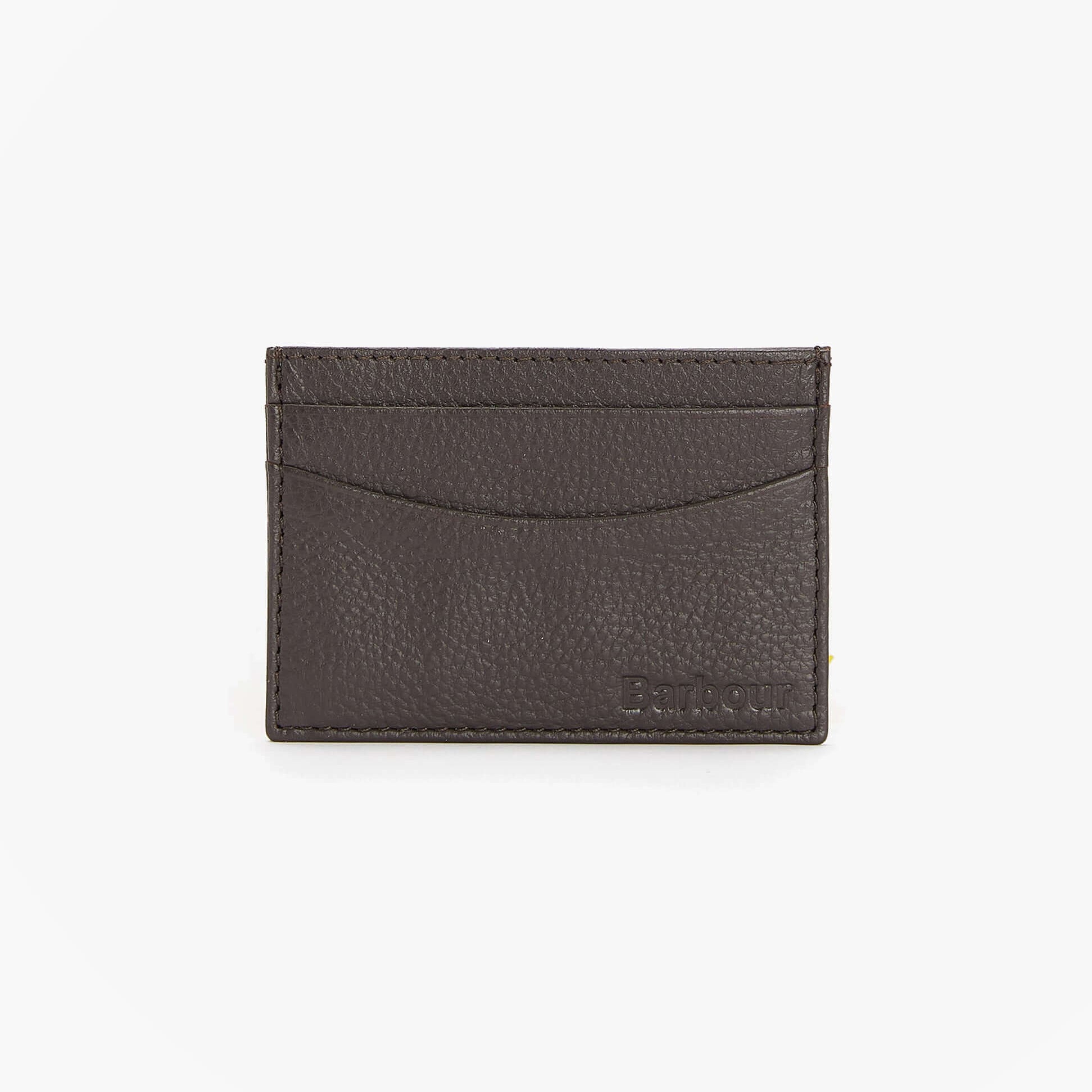 Barbour AMBLE LEATHER Mens Card Holder Dark Brown front view showing textured leather and card slots.