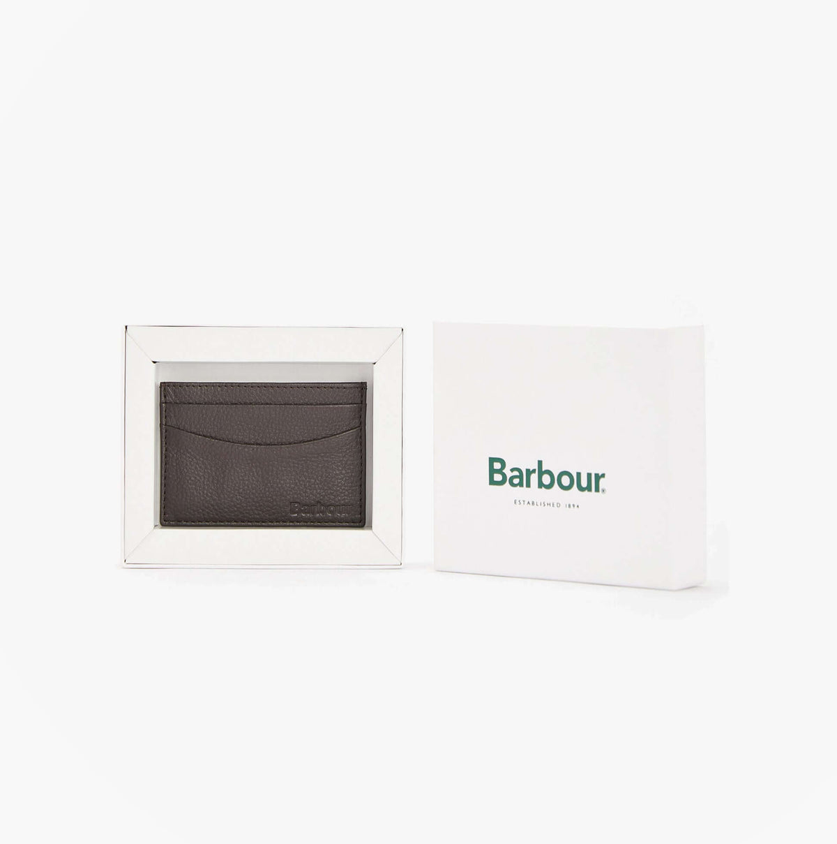 Barbour AMBLE LEATHER Mens Card Holder Dark Brown front view in packaging.