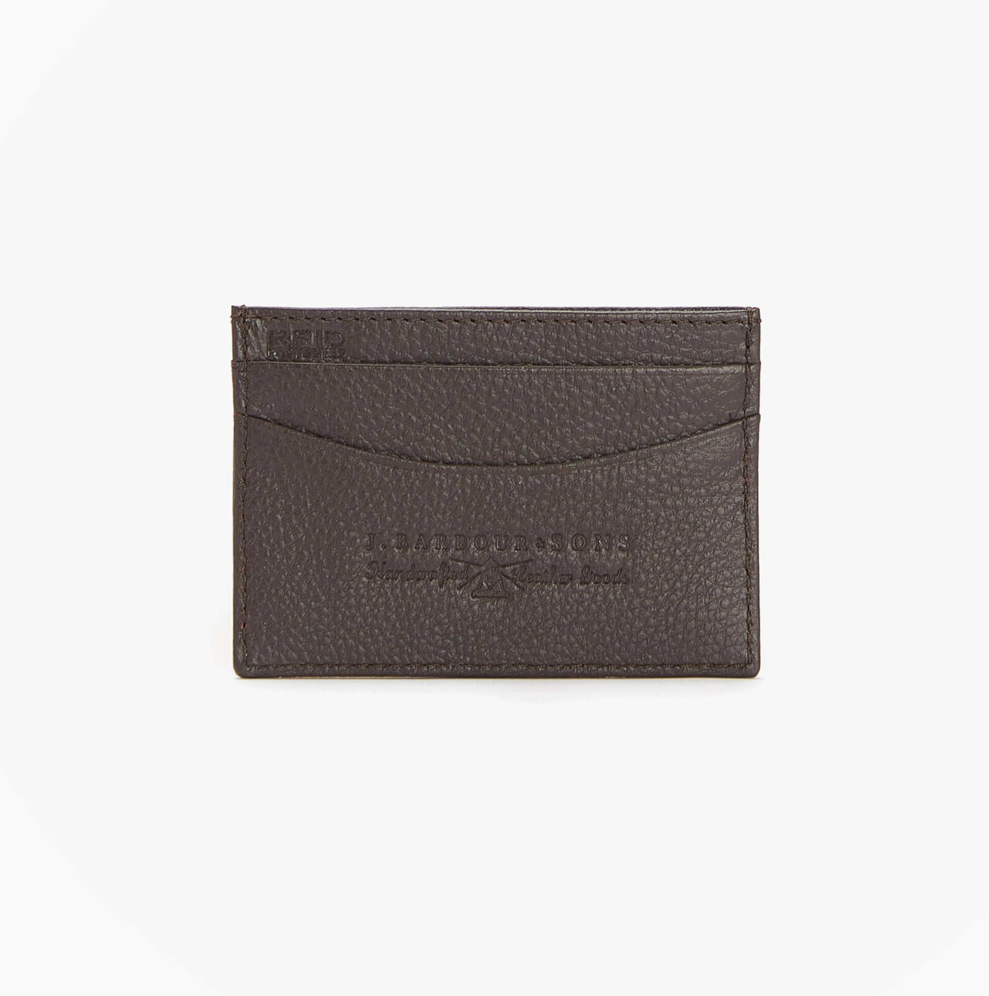 Barbour AMBLE LEATHER Mens Card Holder Dark Brown front view showing card slots and textured leather.