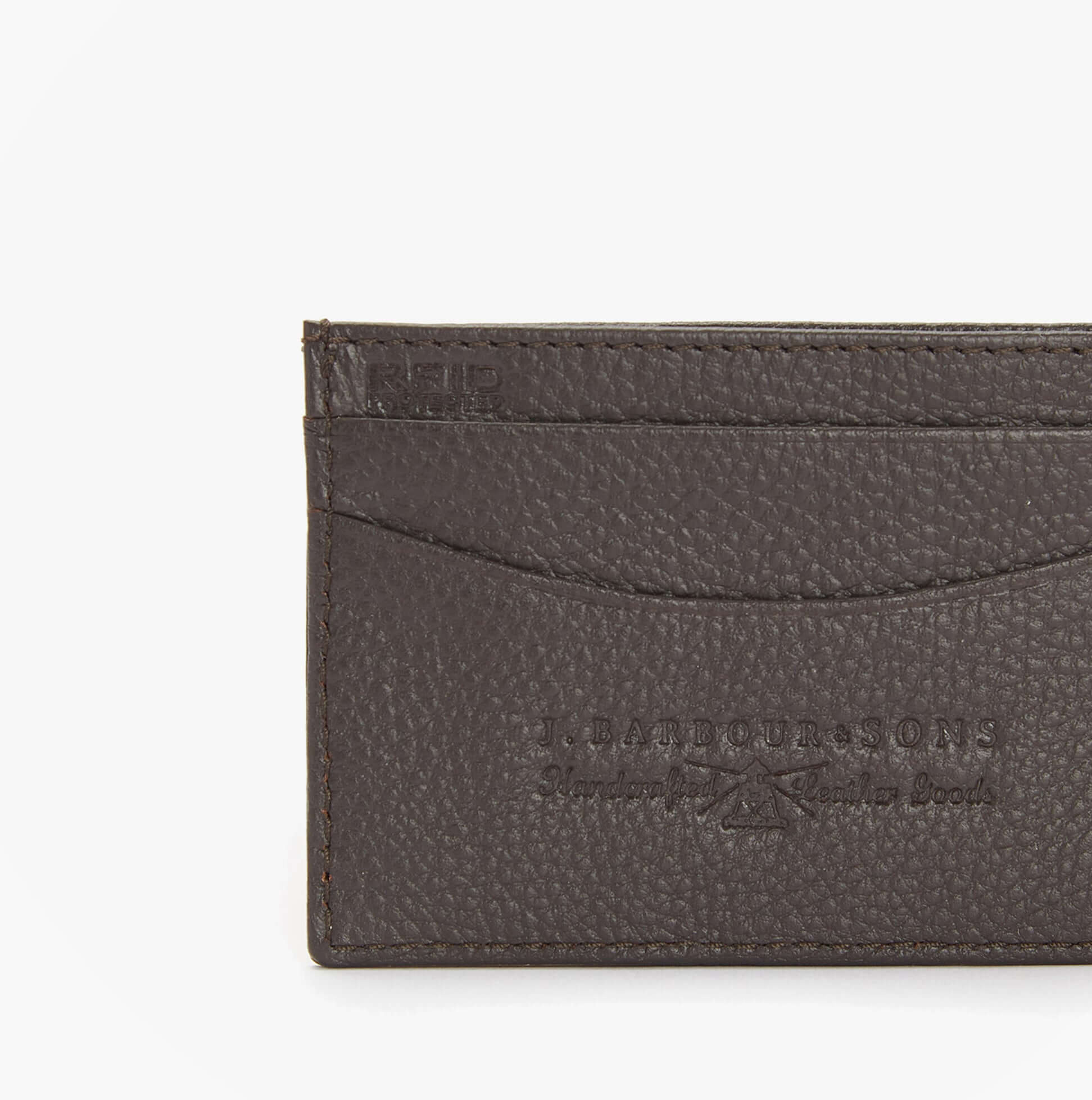 Barbour AMBLE LEATHER Mens Card Holder Dark Brown front view showing textured leather and card slots.