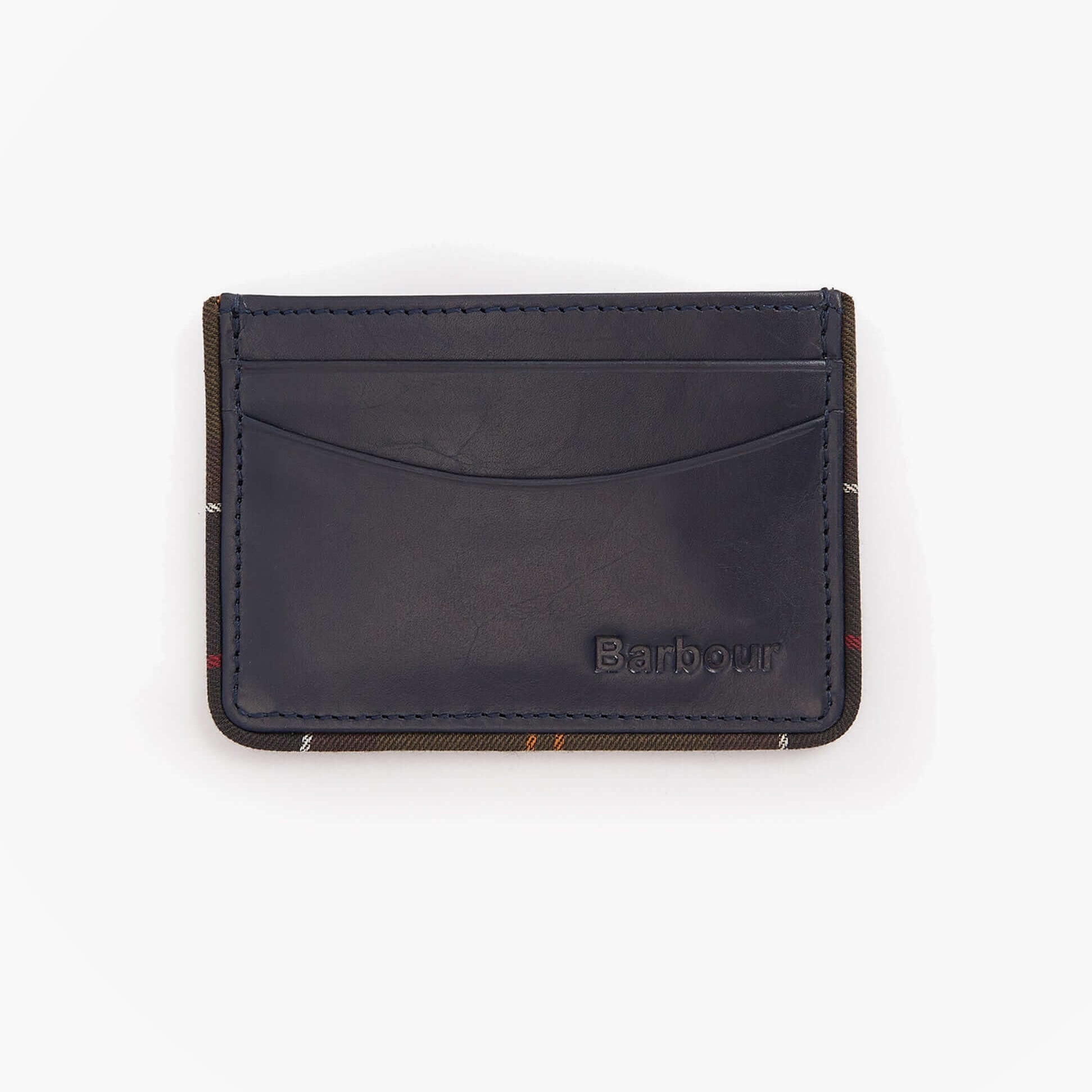 Barbour CHATTON LEATHER Mens Card Holder Navy/Classic front view showing a sleek leather design.