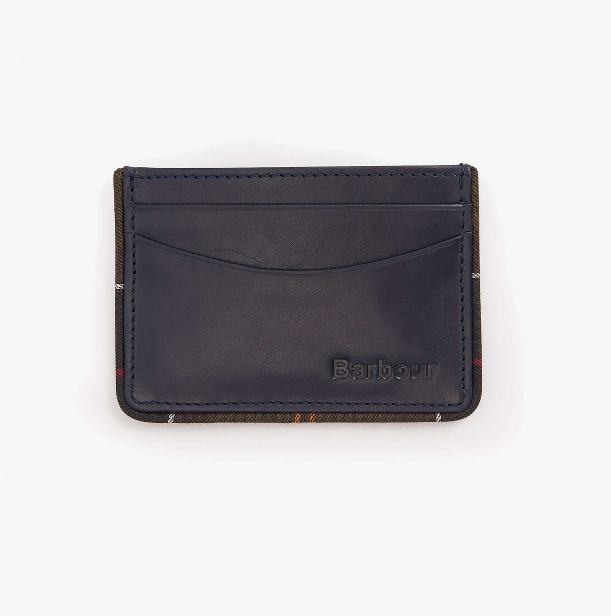 Barbour CHATTON LEATHER Mens Card Holder Navy/Classic front view showing a sleek leather design.
