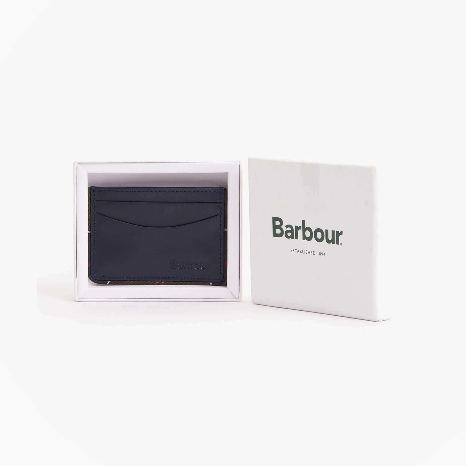Barbour CHATTON LEATHER Mens Card Holder Navy/Classic front view in box with branding.