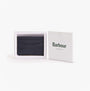 Barbour CHATTON LEATHER Mens Card Holder Navy/Classic front view in box with branding.