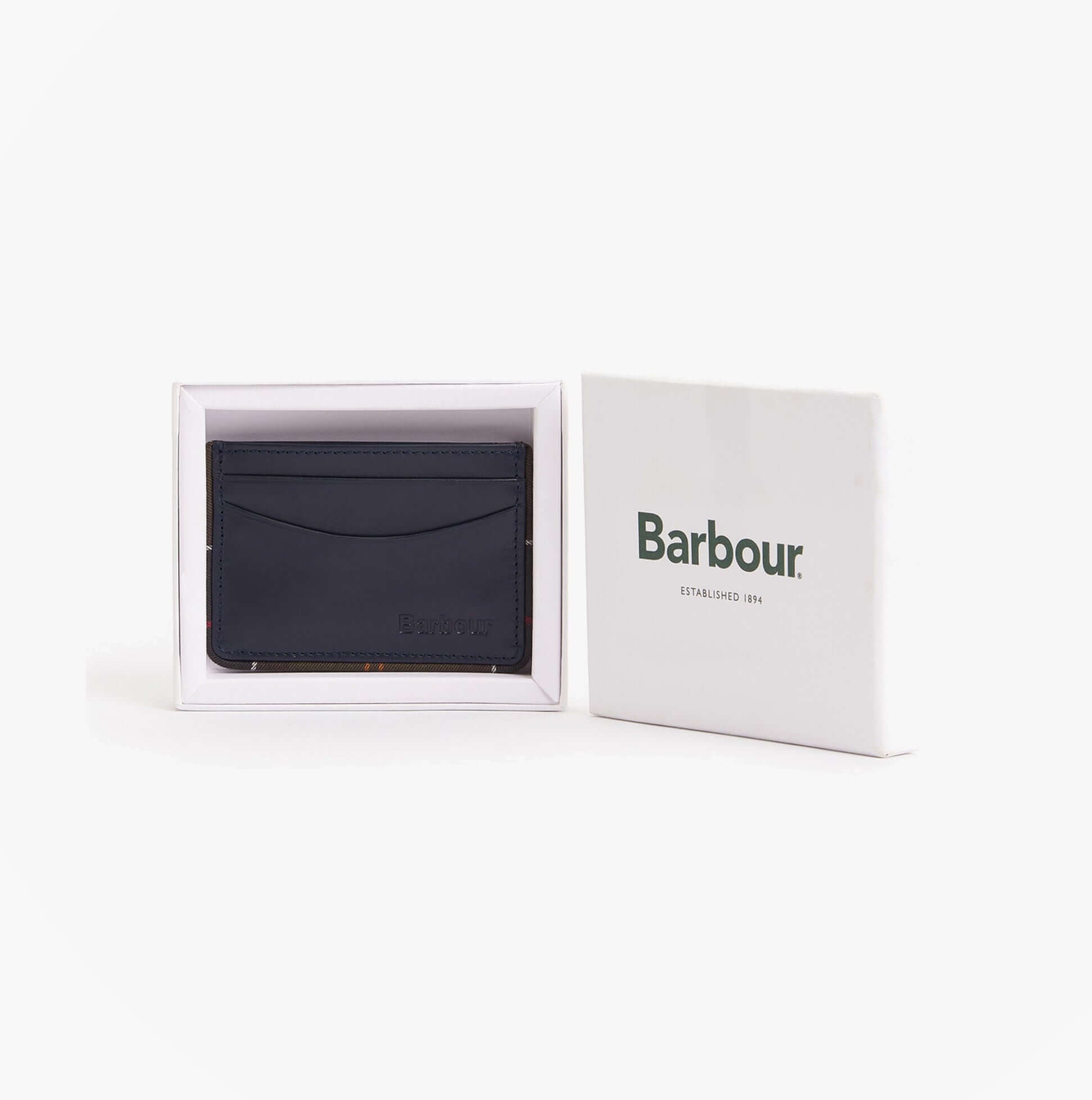 Barbour CHATTON LEATHER Mens Card Holder Navy/Classic front view in box with branding.