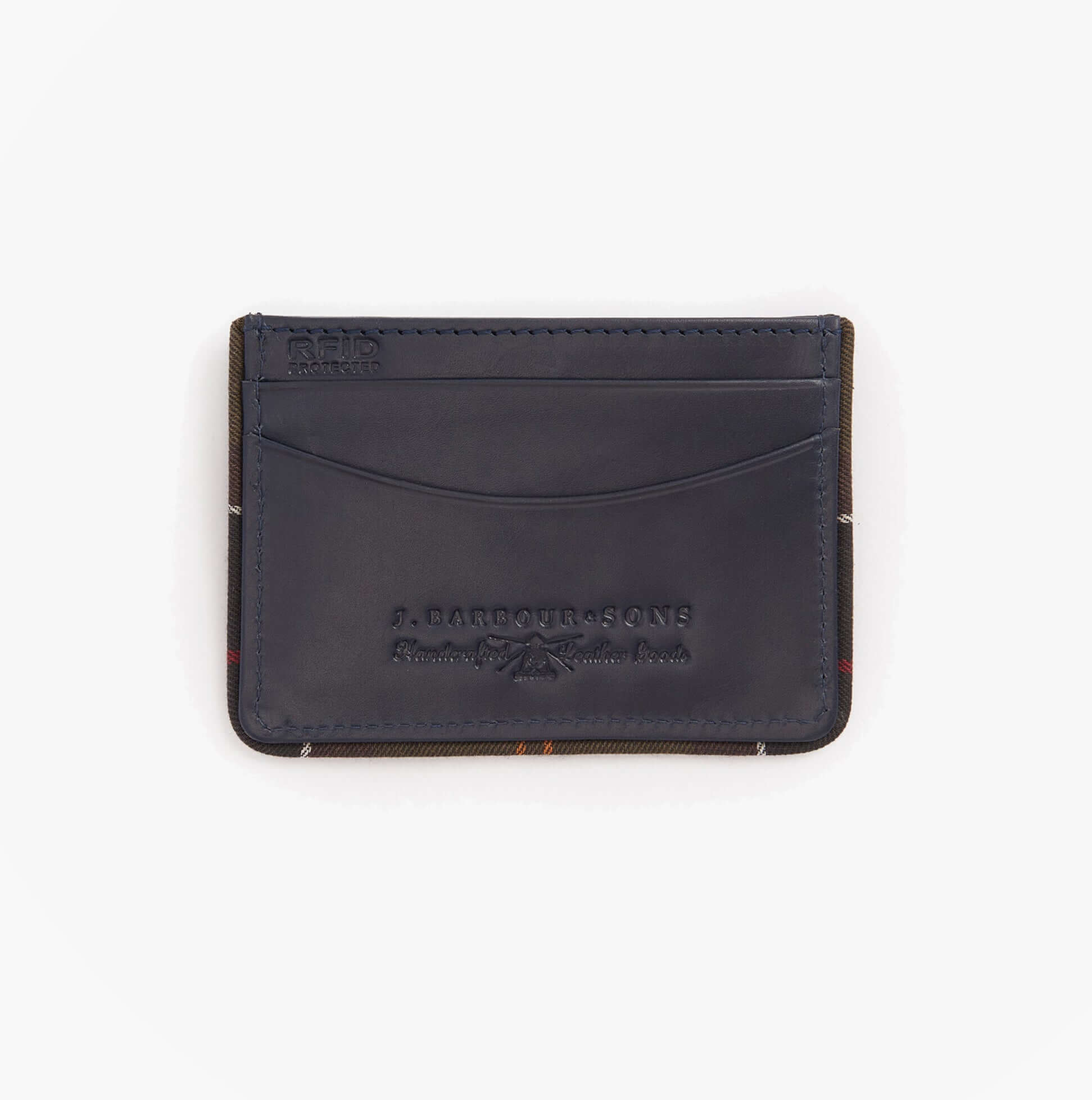 Barbour CHATTON LEATHER Mens Card Holder Navy/Classic front view showcasing sleek leather design with card slots.