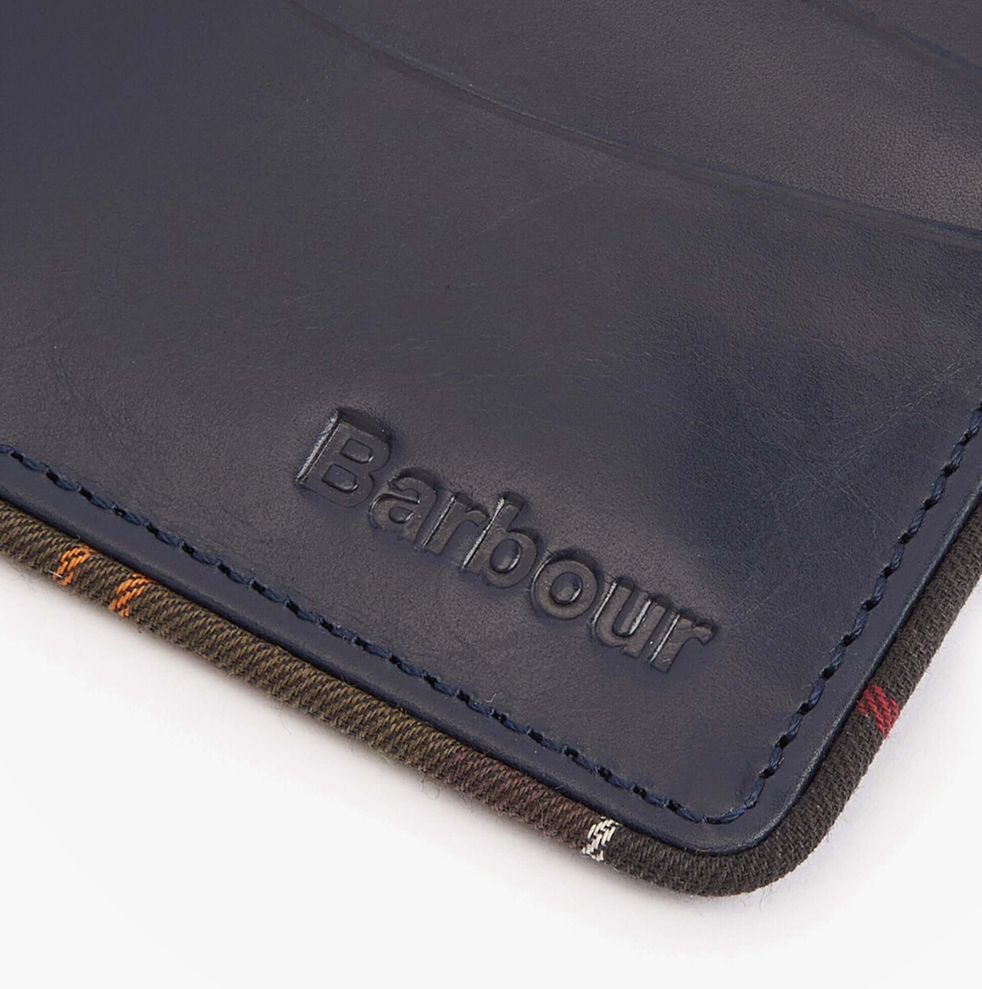 Barbour CHATTON LEATHER Mens Card Holder Navy/Classic detail view showing embossed logo and leather texture.