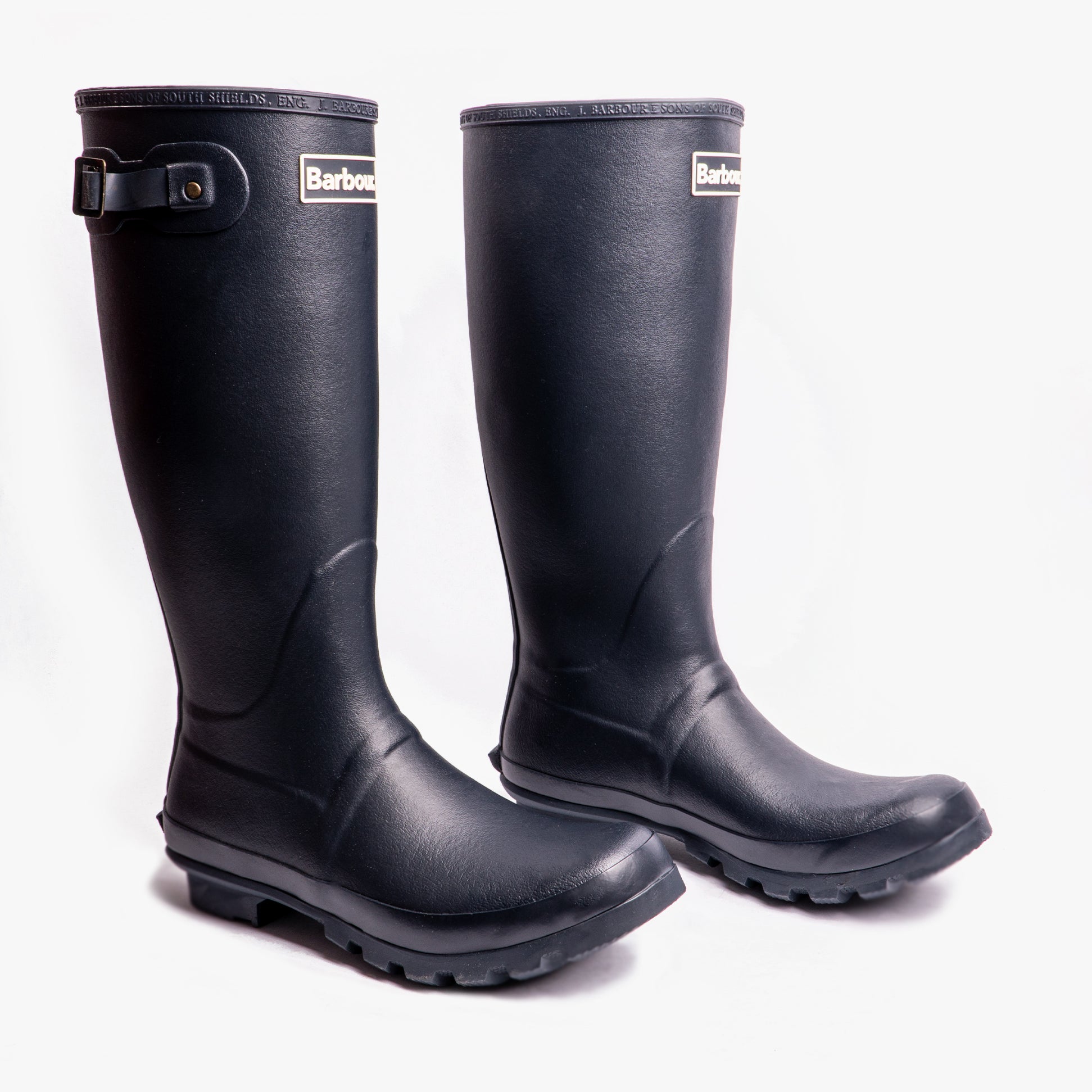 Barbour BEDE Mens Wellington Boots Navy side view showcasing knee-high design and pull-on closure.