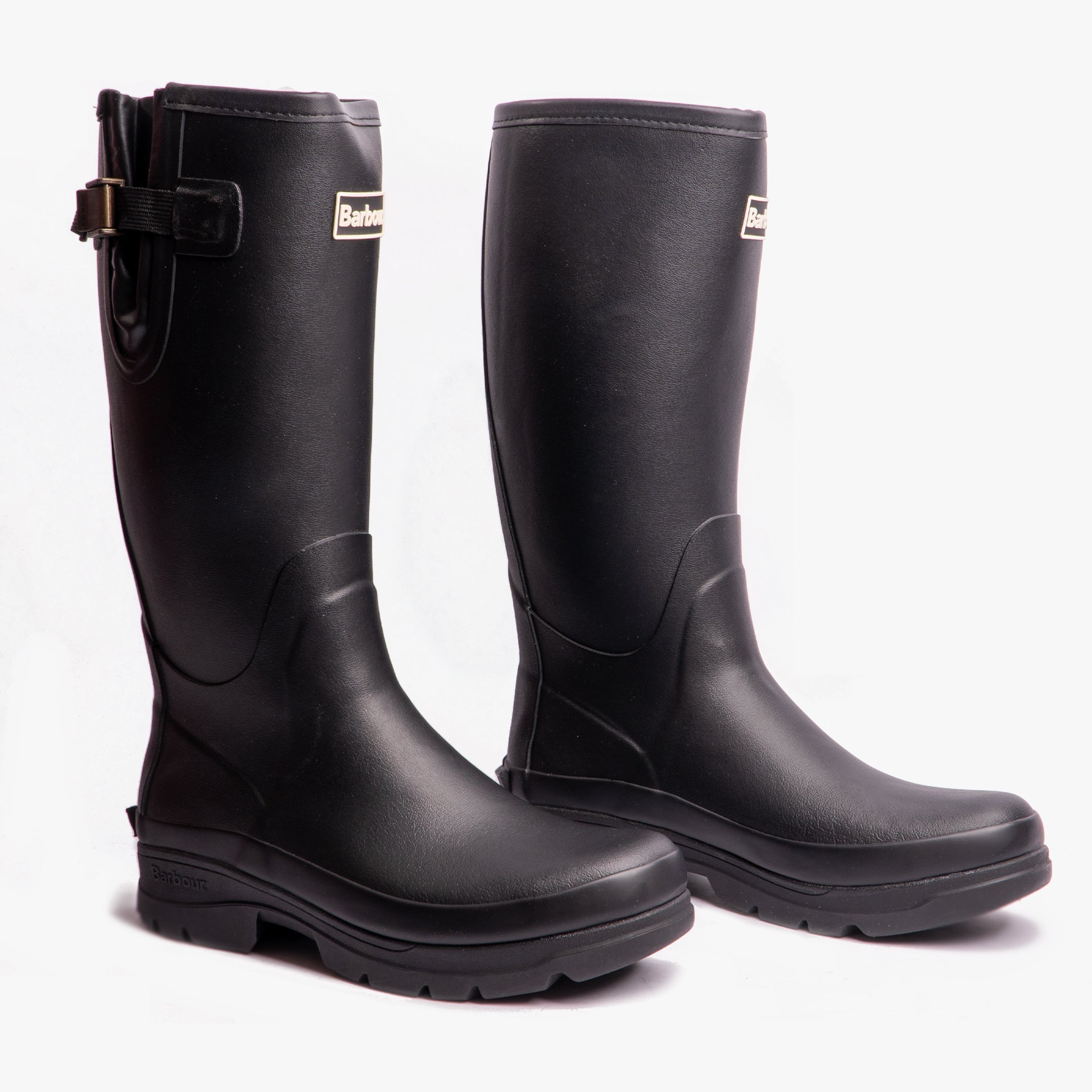 Barbour TEMPEST Mens Wellington Boots Black, side view showcasing rubber upper and mid-calf design.