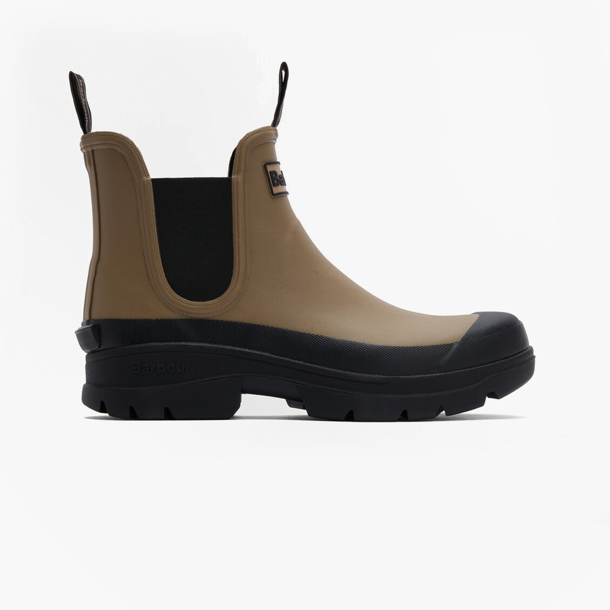 Barbour NIMBUS Mens Chelsea Wellies Militry Brown/Black side view with rubber upper and sole, designed for comfort and waterproof use.