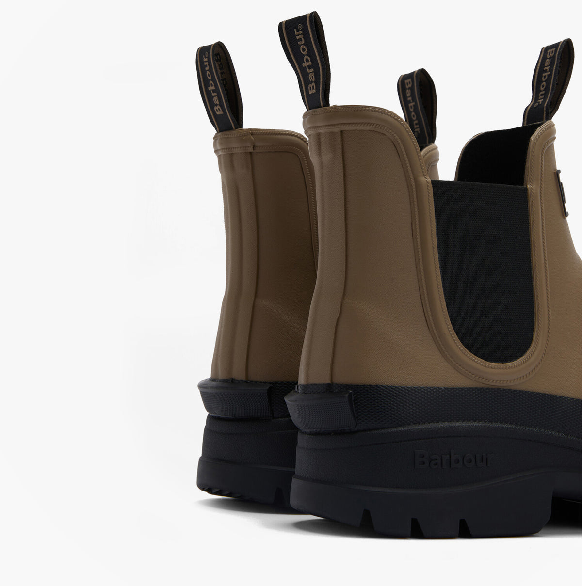 Barbour NIMBUS Mens Chelsea Wellies Militry Brown/Black rear view highlighting the rubber upper and pull-on design.