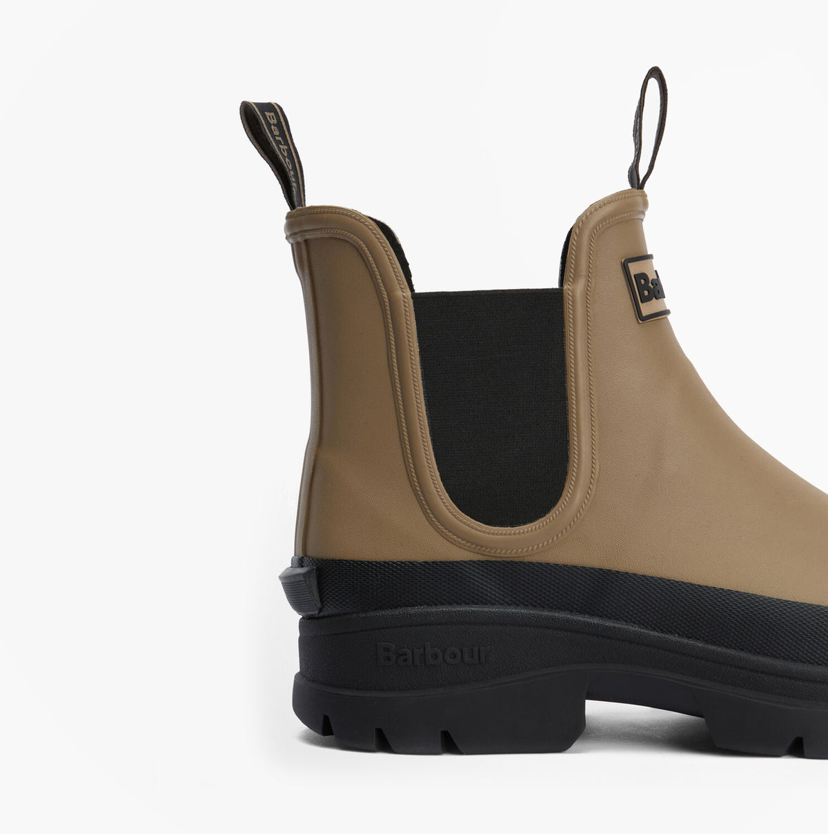 Barbour NIMBUS Mens Chelsea Wellies Militry Brown/Black side view showcasing waterproof synthetic upper and classic design.
