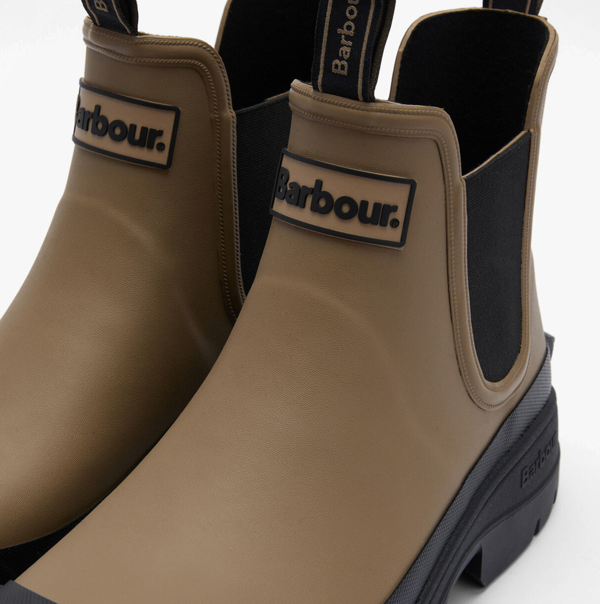 Barbour NIMBUS Mens Chelsea Wellies Militry Brown/Black detail view showing the upper and labels
