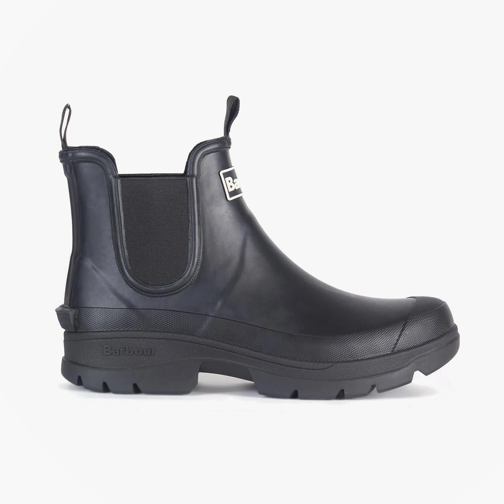 Barbour NIMBUS Mens Wellington Boots Black side view showcasing rubber upper and elasticated side panel.