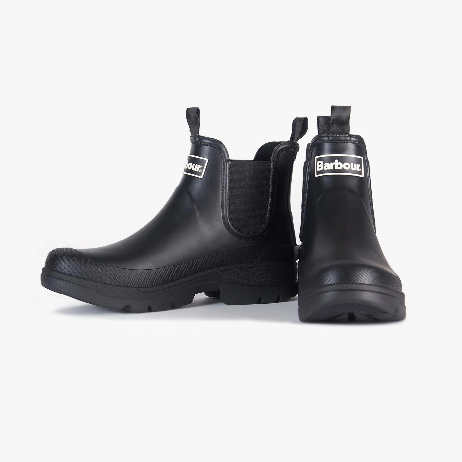 Barbour NIMBUS Mens Wellington Boots Black, side view showcasing rubber upper and elasticated side panel.
