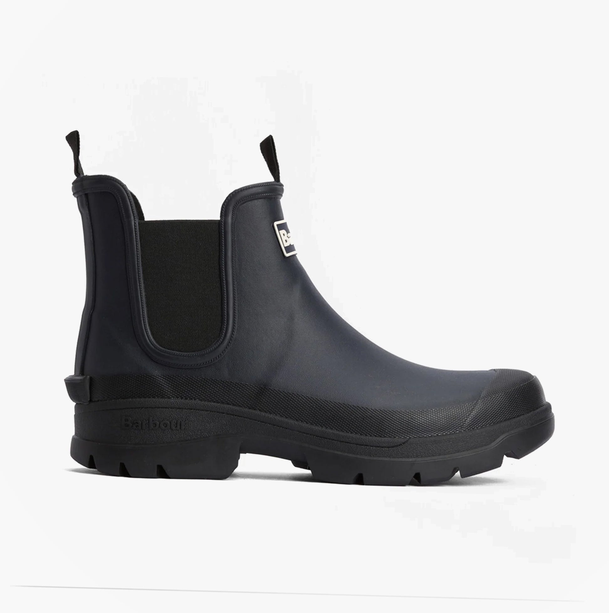 Barbour NIMBUS Mens Chelsea Wellies Navy side view showing rubber upper, elasticated side panel, and low heel.