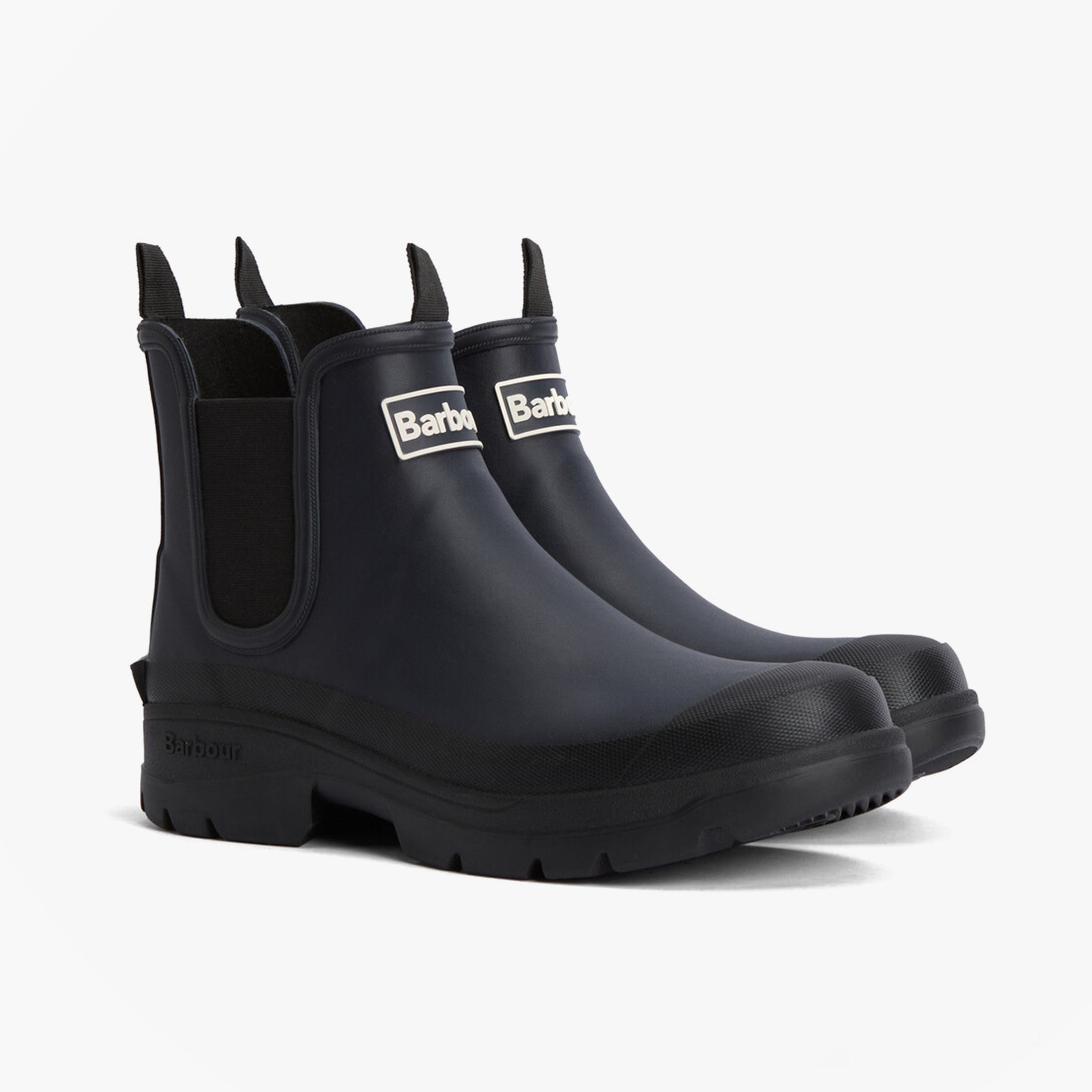 Barbour NIMBUS Mens Chelsea Wellies Navy side view showing elasticated panels and round toe design.