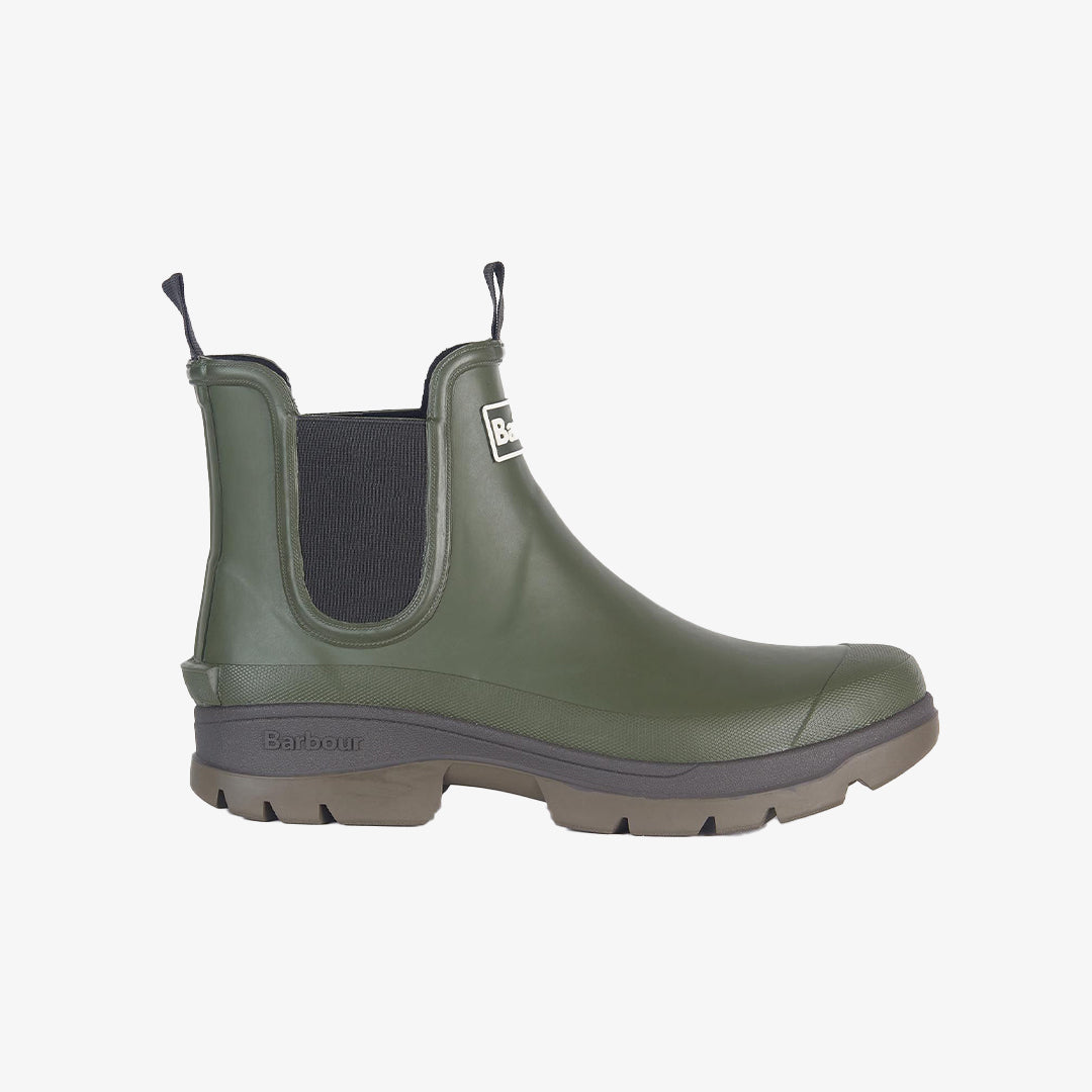 Barbour NIMBUS Mens Wellington Boots Olive side view showcasing rubber upper and elasticated side panel.