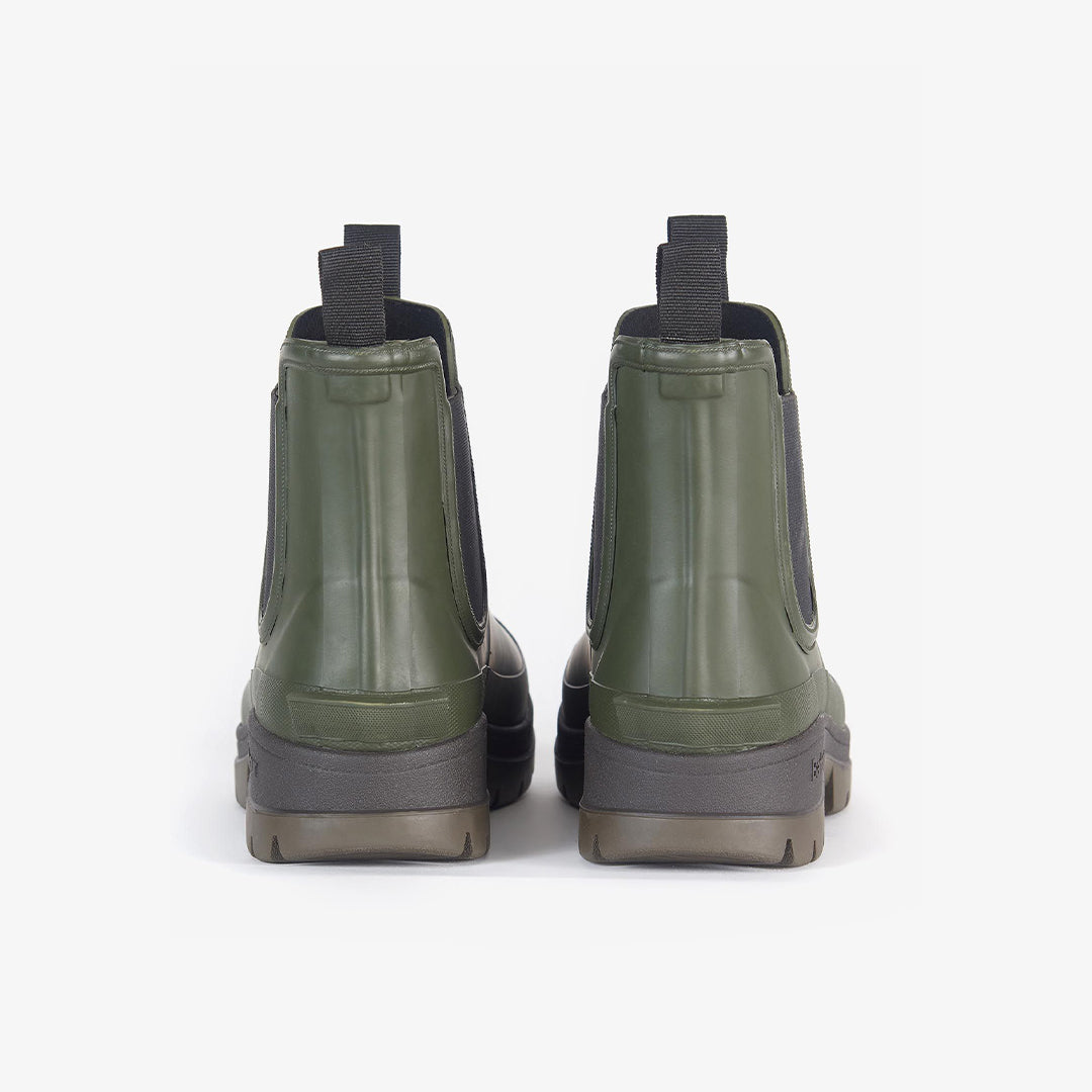 Barbour NIMBUS Mens Wellington Boots Olive rear view showing ankle height design and rubber material.