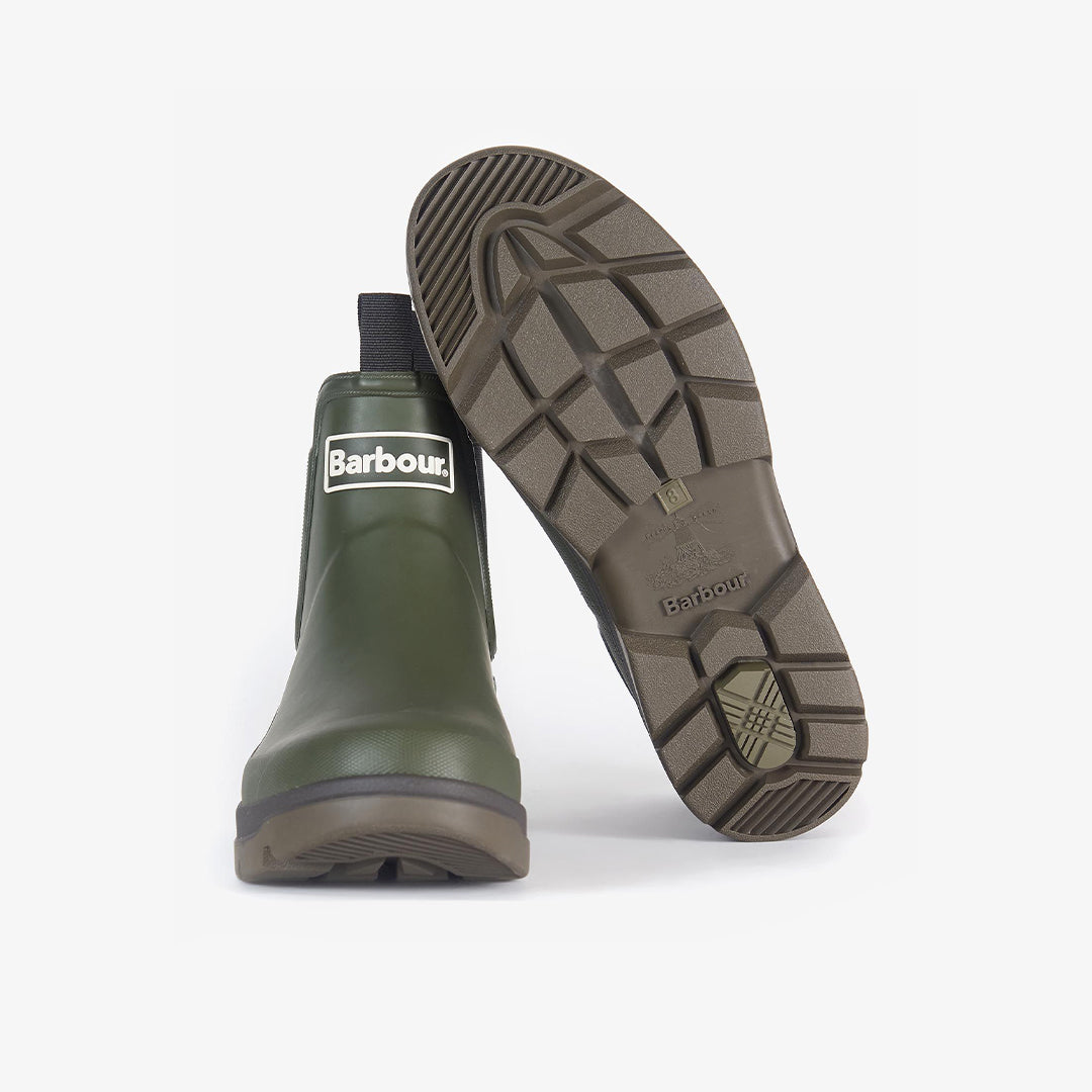 Barbour NIMBUS Mens Wellington Boots Olive front and sole view, showcasing rubber upper and durable tread design.