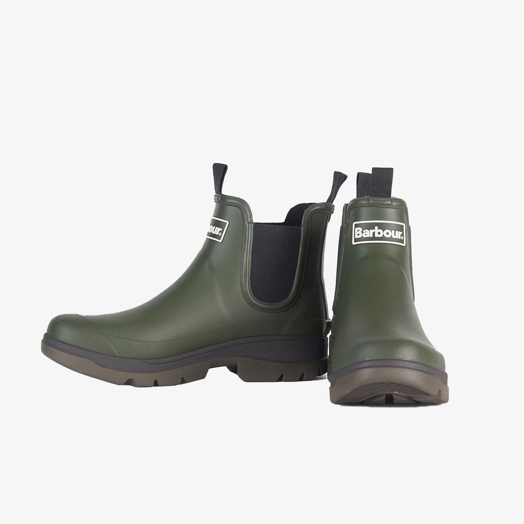 Barbour NIMBUS Mens Wellington Boots Olive side view showcasing waterproof rubber construction and low heel.