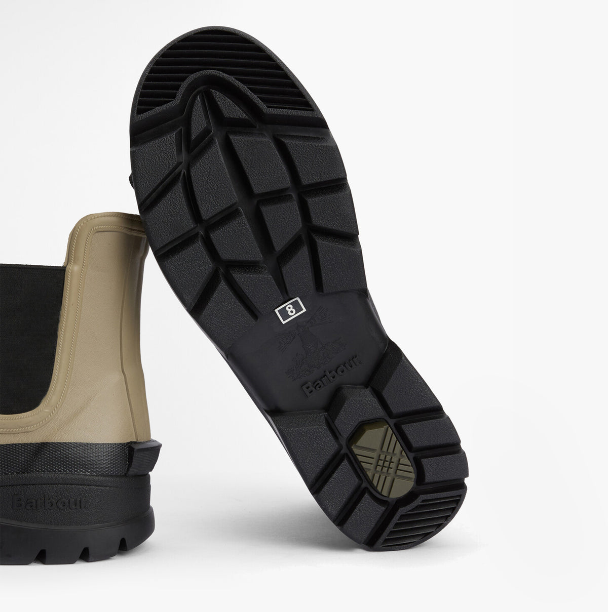 Barbour NIMBUS Mens Chelsea Wellies Washed Stone bottom view showing rubber sole and tread pattern