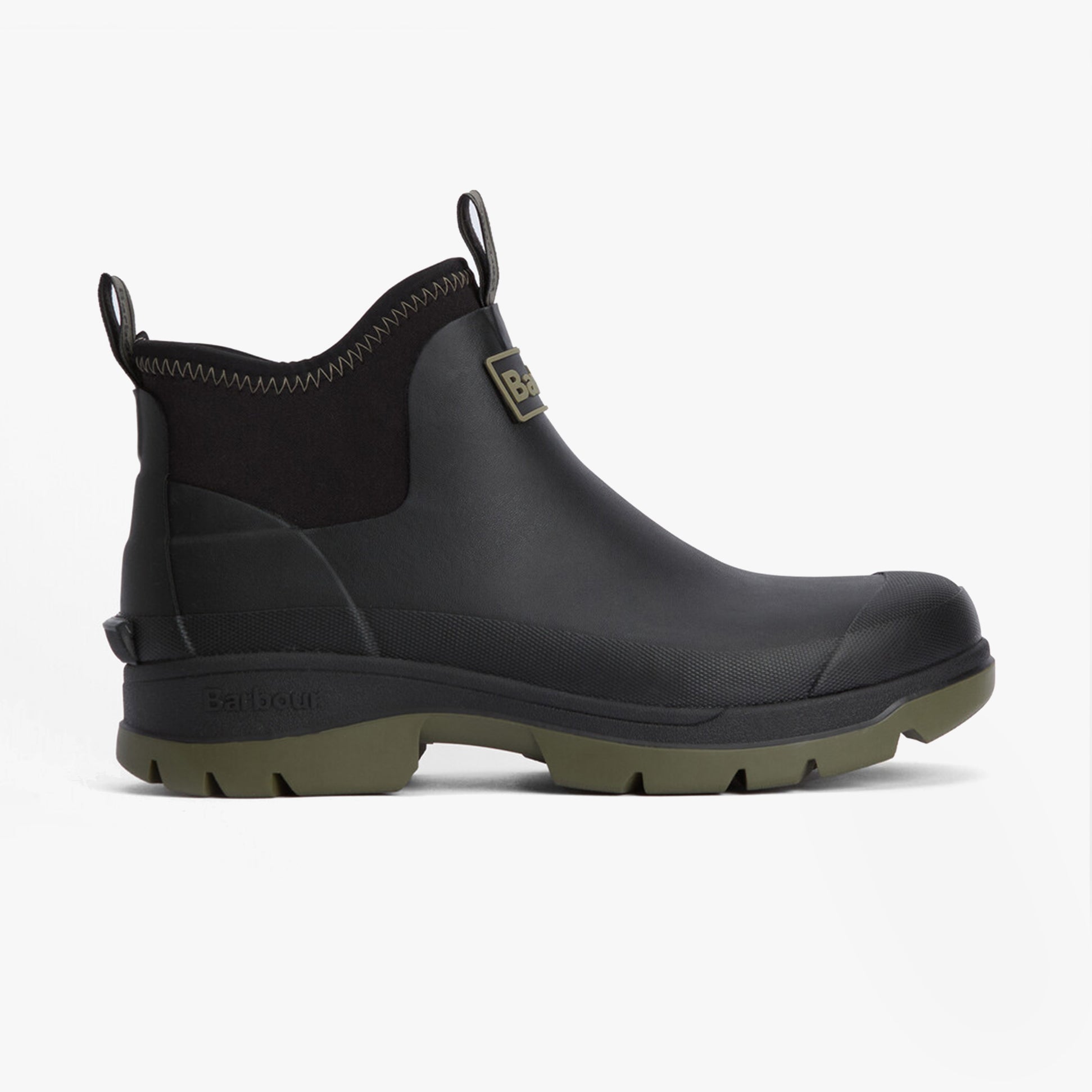 Barbour RIDGE Mens Wellies Black side view, waterproof rubber ankle boots with pull-on design and green sole.