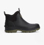 Barbour RIDGE Mens Wellies Black side view, waterproof rubber ankle boots with pull-on design and green sole.