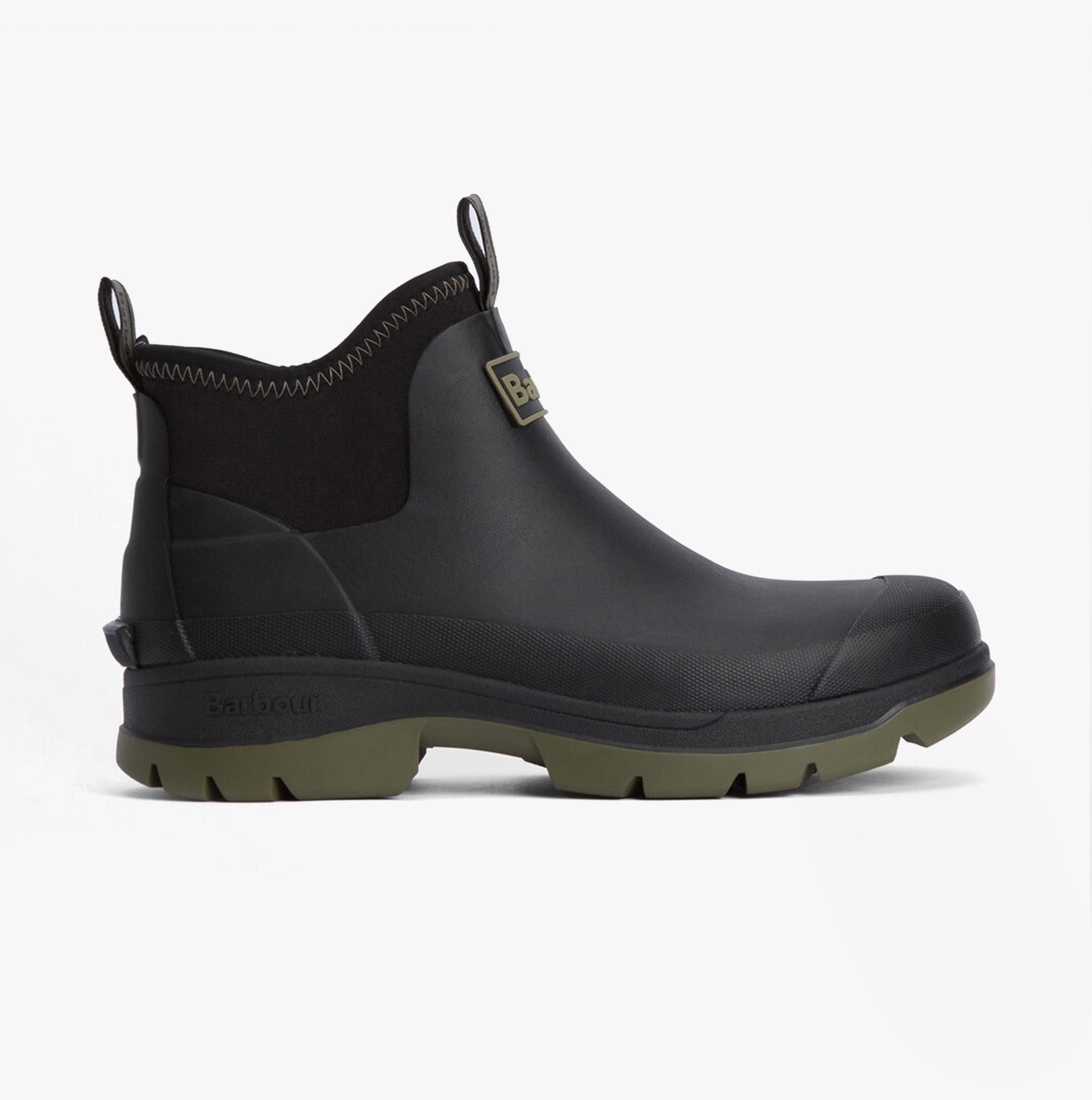 Barbour RIDGE Mens Wellies Black side view, waterproof rubber ankle boots with pull-on design and green sole.