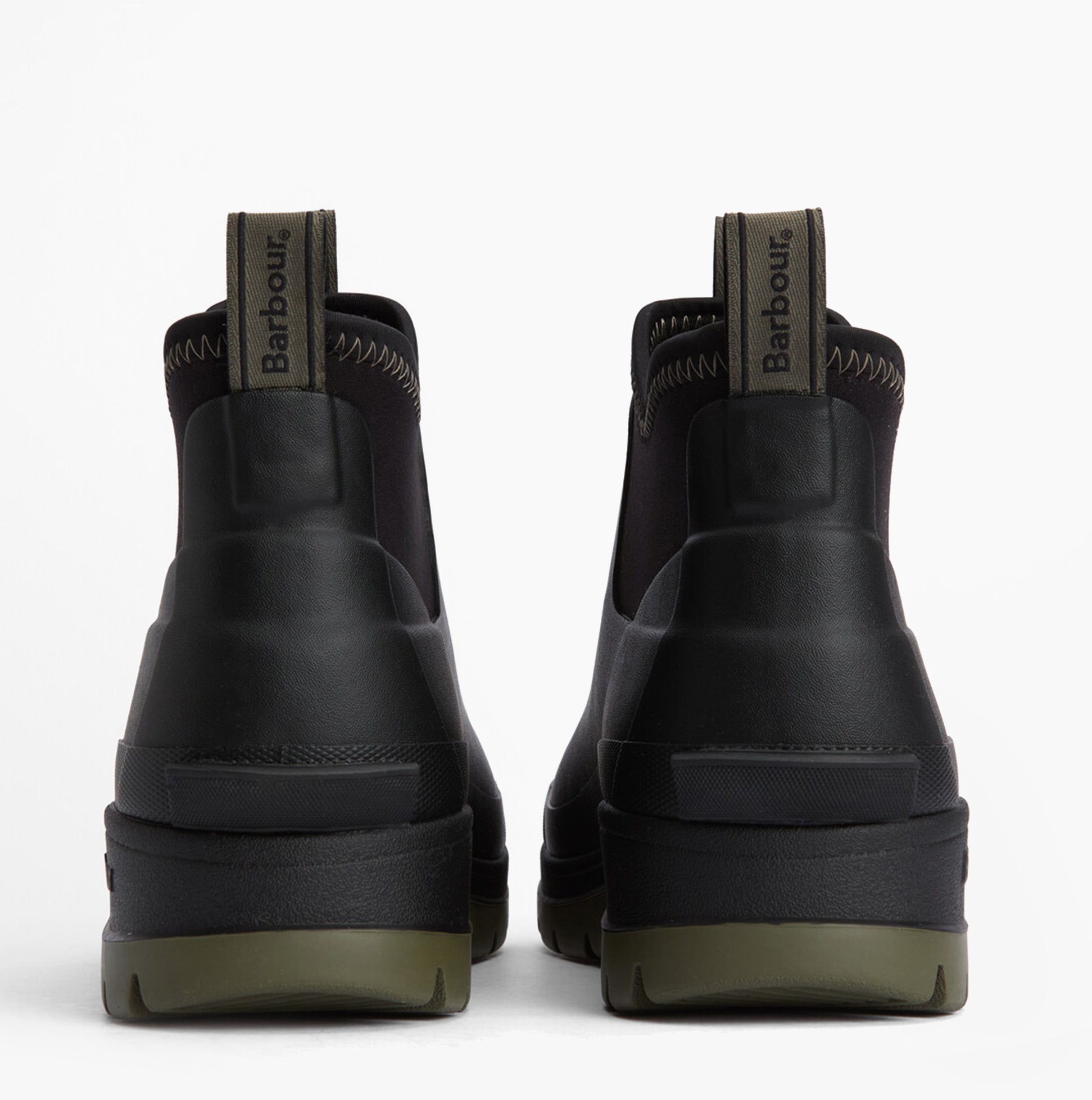 Barbour RIDGE Mens Wellies Black rear view showing rubber ankle boots with pull-on design.
